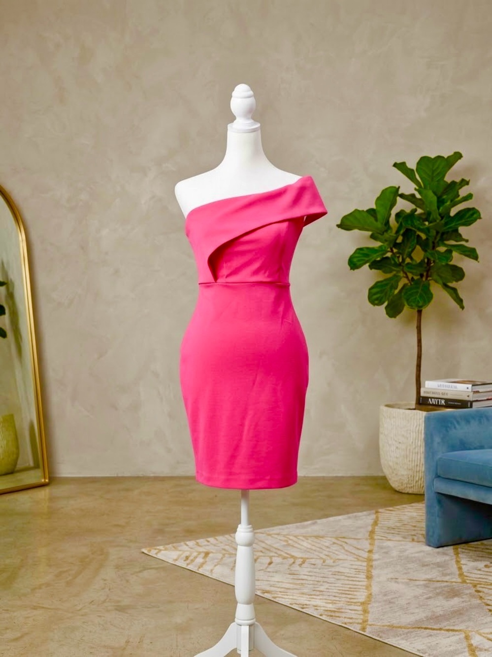 Aqua One-Shoulder Hot Pink Sheath Dress